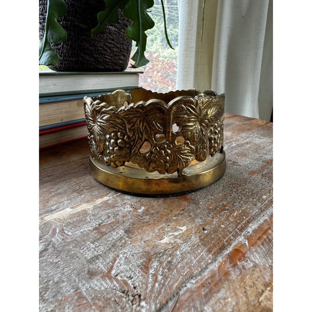 Vintage‎ Brass Wine Bottle Coasters Set of 2 Grape Vine Leaf Motif Made in India